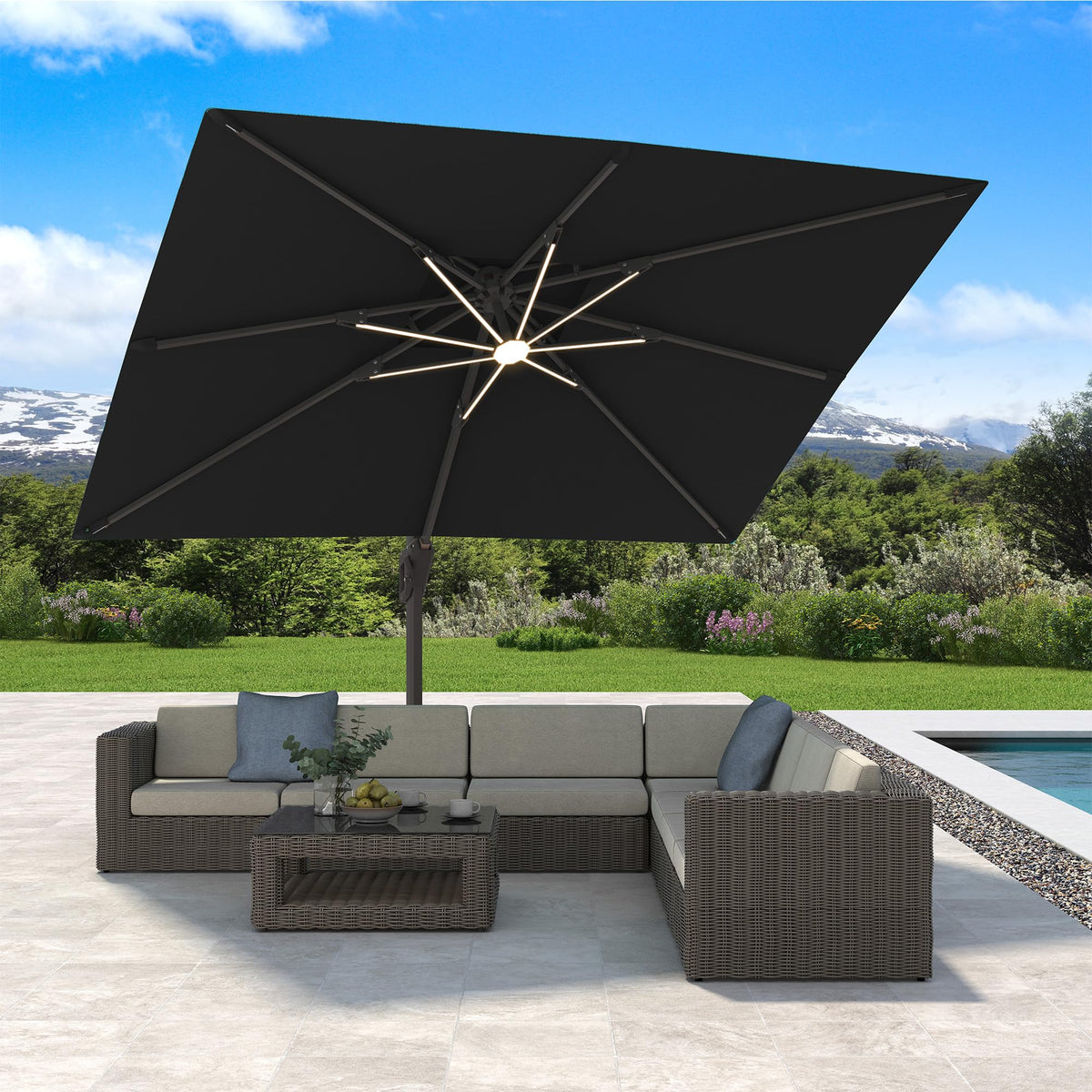 10' X 13' Cantilever Patio Outdoor Umbrella with Base and Led