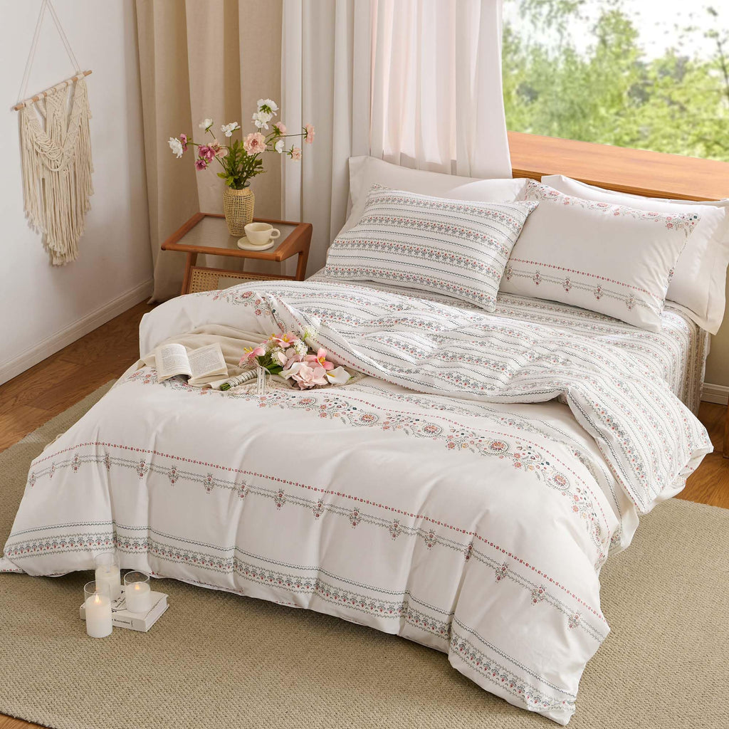 White Boho Duvet Cover Queen Reversible Floral Striped Bedding