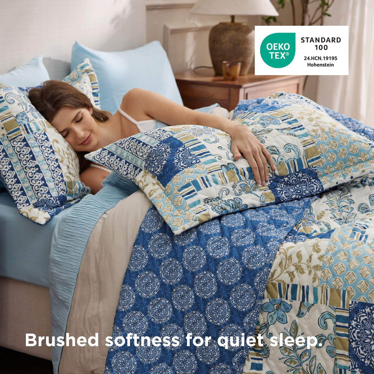 Patchwork Quilt, Reversible Boho Comforter Bedding, Blue