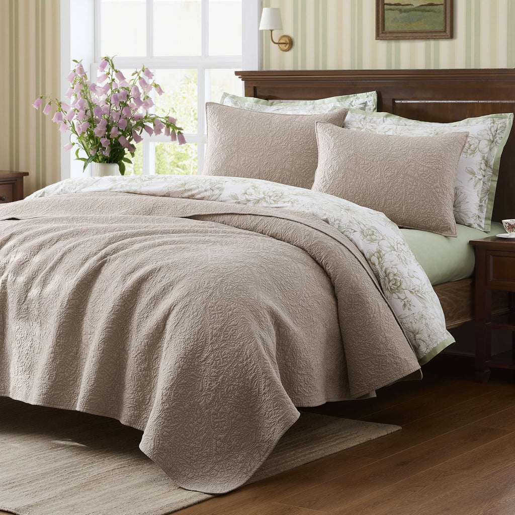 Queen 100% Cotton Paisley Quilt Bedding Set Beige Comforter