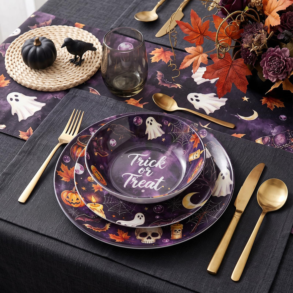 12-Piece Halloween Melamine Dinnerware Set, Service for 4,Dark Purple