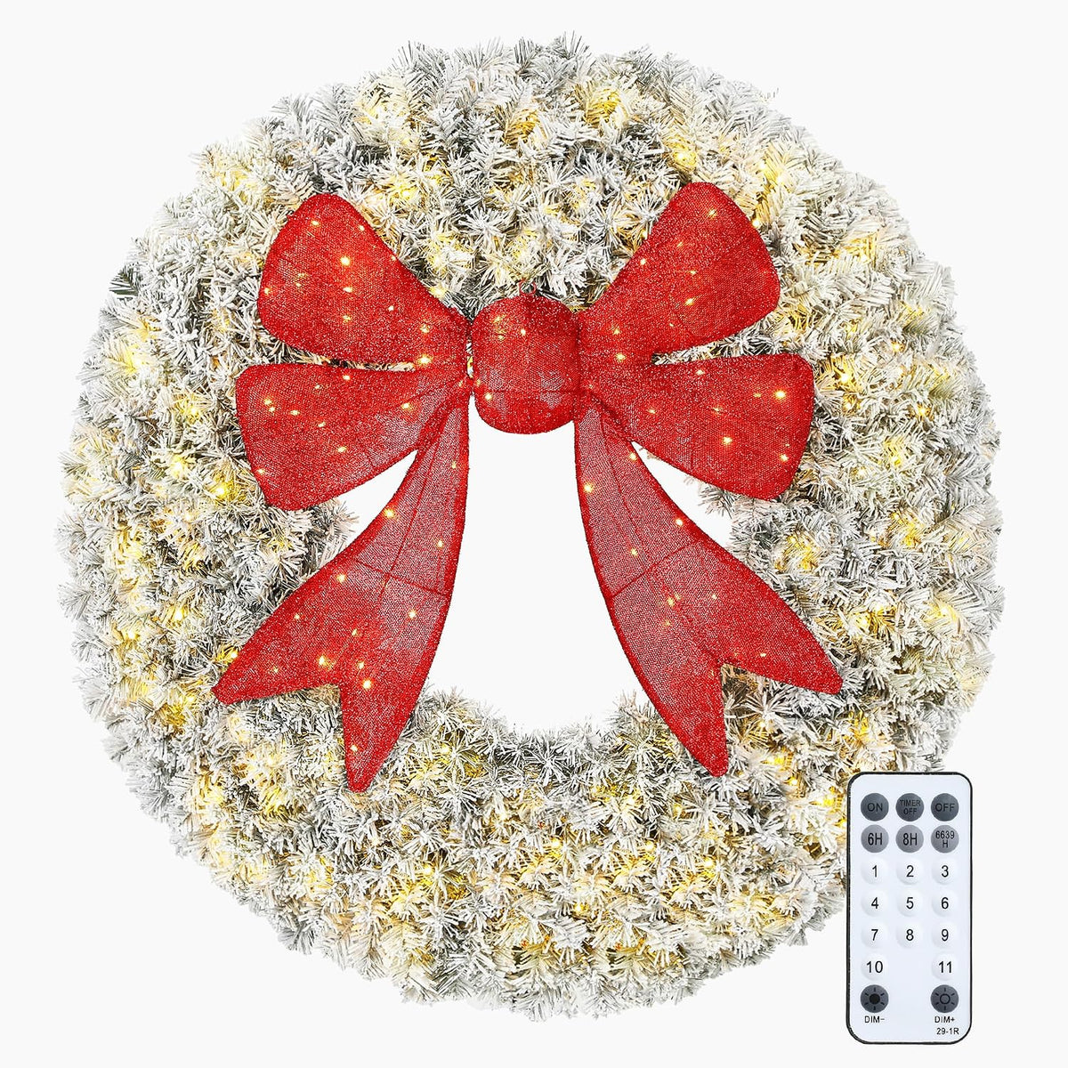 48in Flocked Pre-Lit Artificial Christmas Wreath with 3D Red Bow