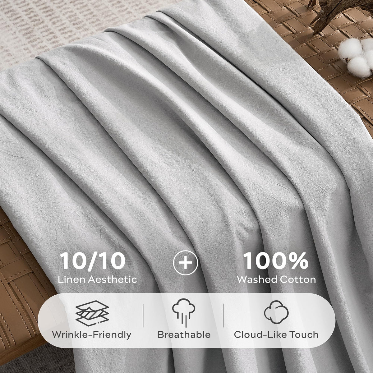 100% Cotton Duvet Cover Set, Washed Linen-Like Texture