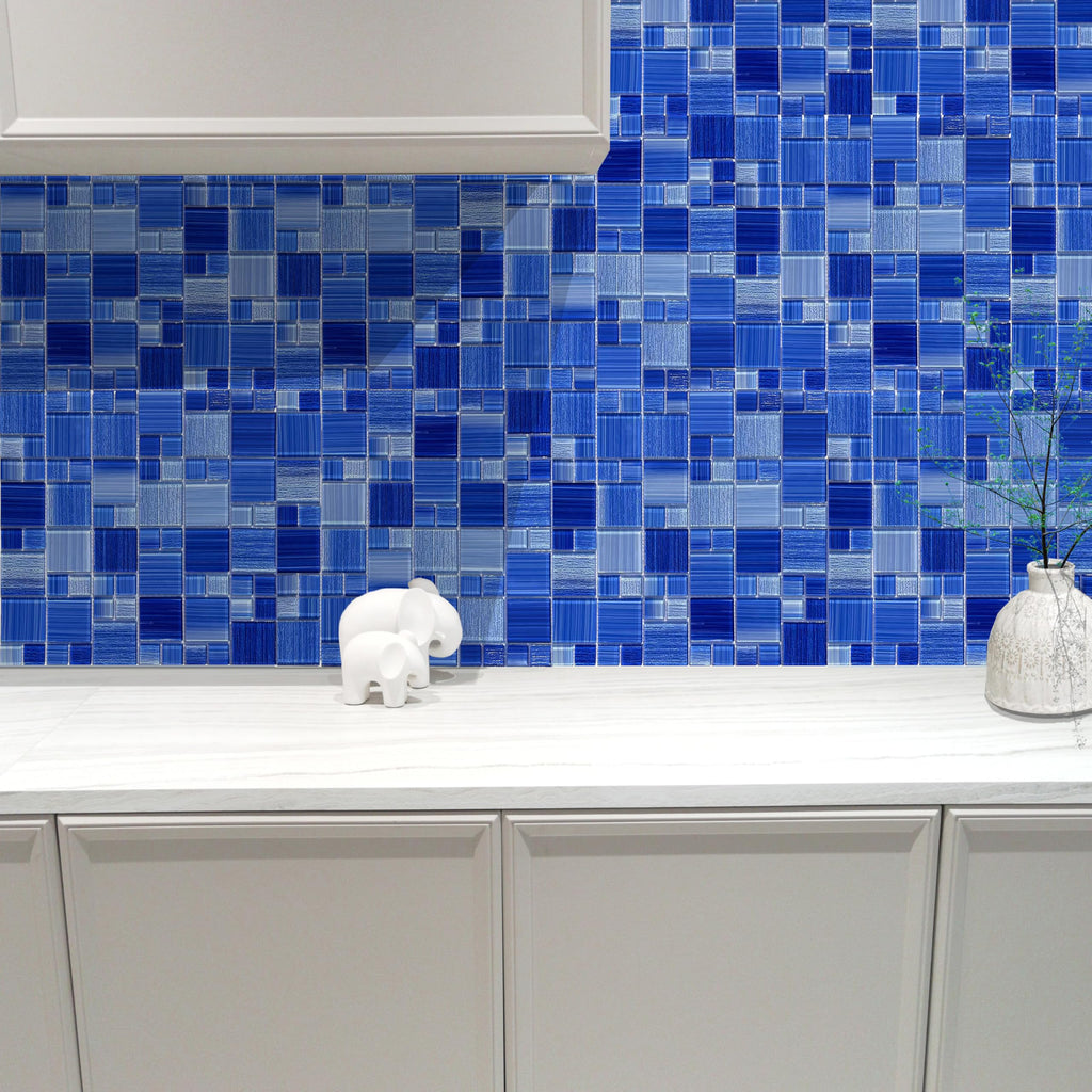 Cobalt Blue Glass Mosaic Tile,12X12 inches Glossy & Lines, Pool Tiles,Kitchen Backsplash Tiles,Bathroom Border
