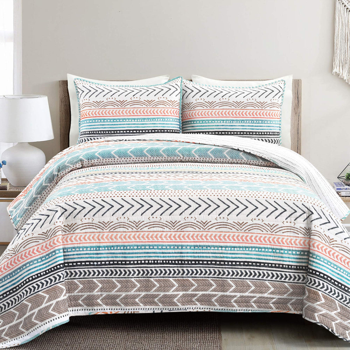 Hygge Geo Cotton Reversible Quilt, 3 Piece Set, Full/Queen, Neutral/Multi - Geometric Striped Bedding - Queen Size
