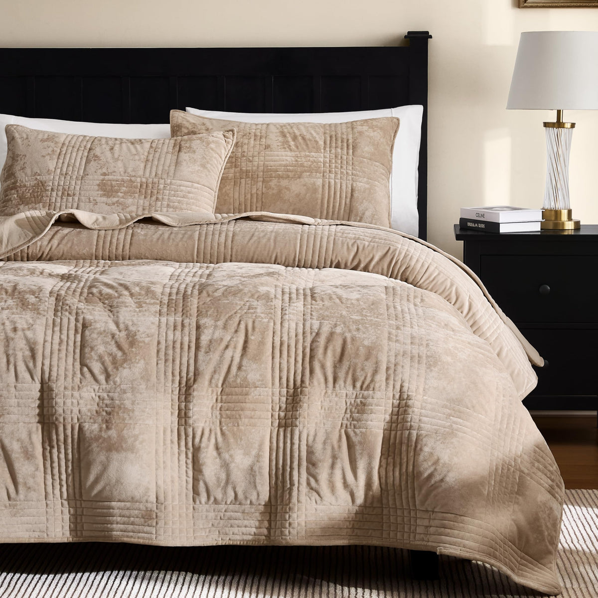 Velvet Quilt Set, Beige Khaki Tan Taupe Camel, 3 Pieces