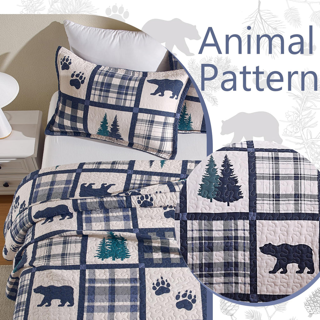 100% Cotton Cabin Plaid Quilt Set Lightweight Bear/Navy/Green