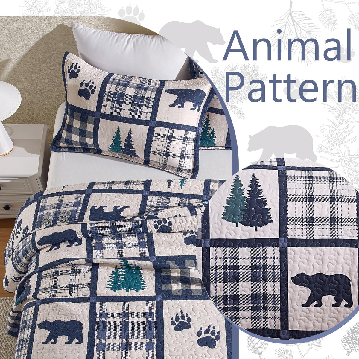 100% Cotton Cabin Plaid Quilt Set Lightweight Bear/Navy/Green