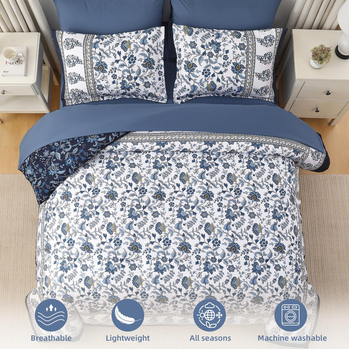 Comforter Set Queen Size Boho, Reversible Blue Bedding Paisley Floral