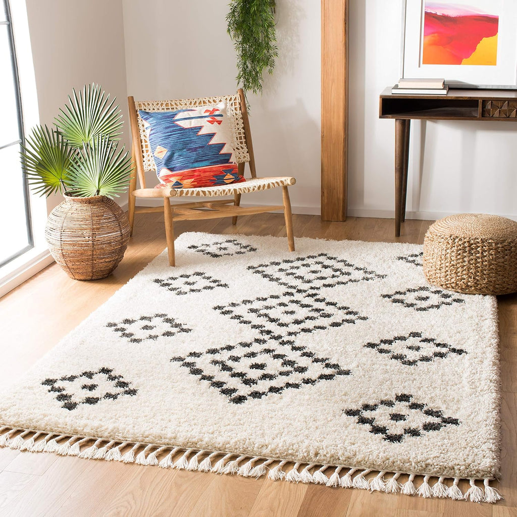 Moroccan Fringe Shag Collection Area Rug, Cream & Charcoal, Boho Tribal, Non-Shedding & Easy Care