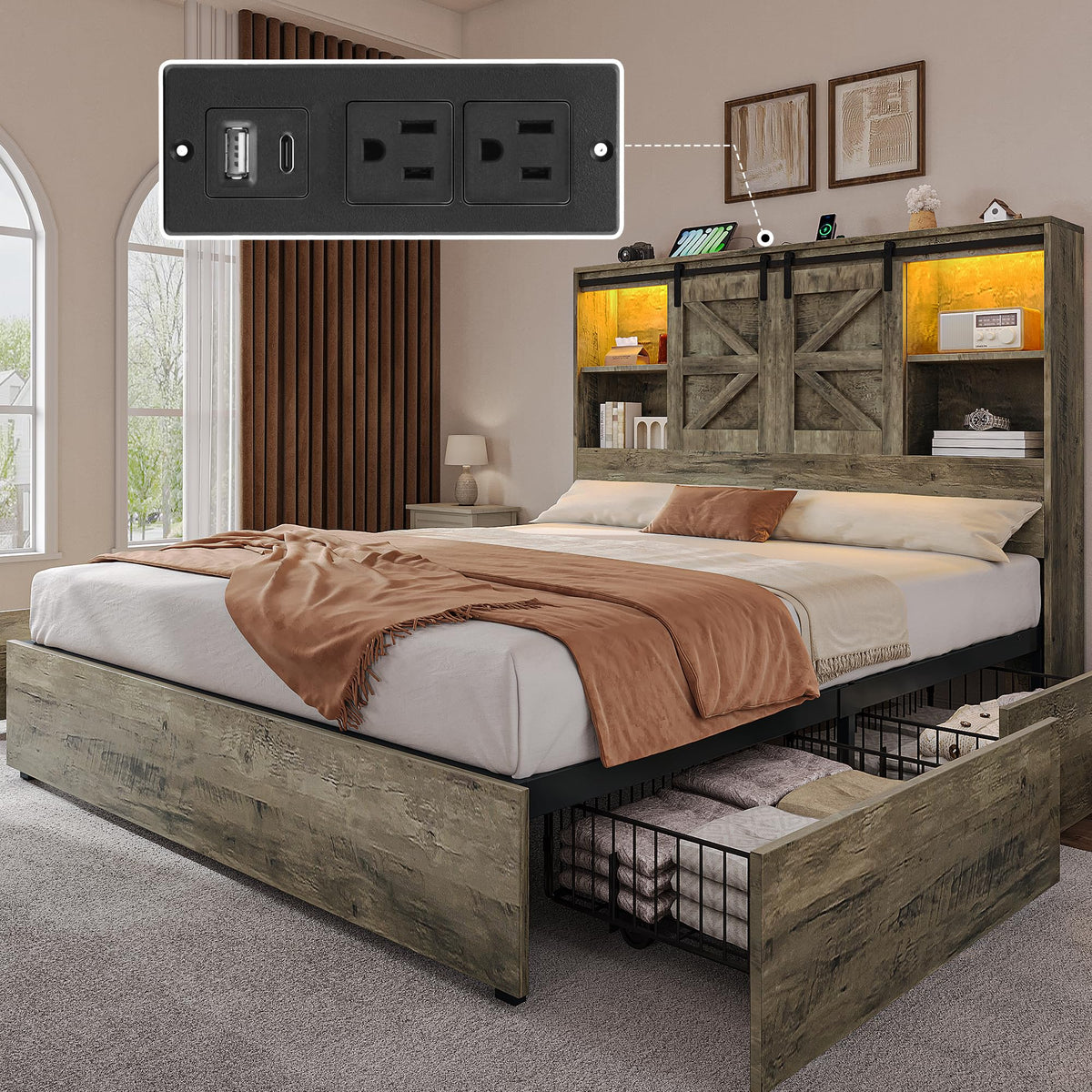 Farmhouse Bed with 50" Tall Storage Bookcase Headboard
