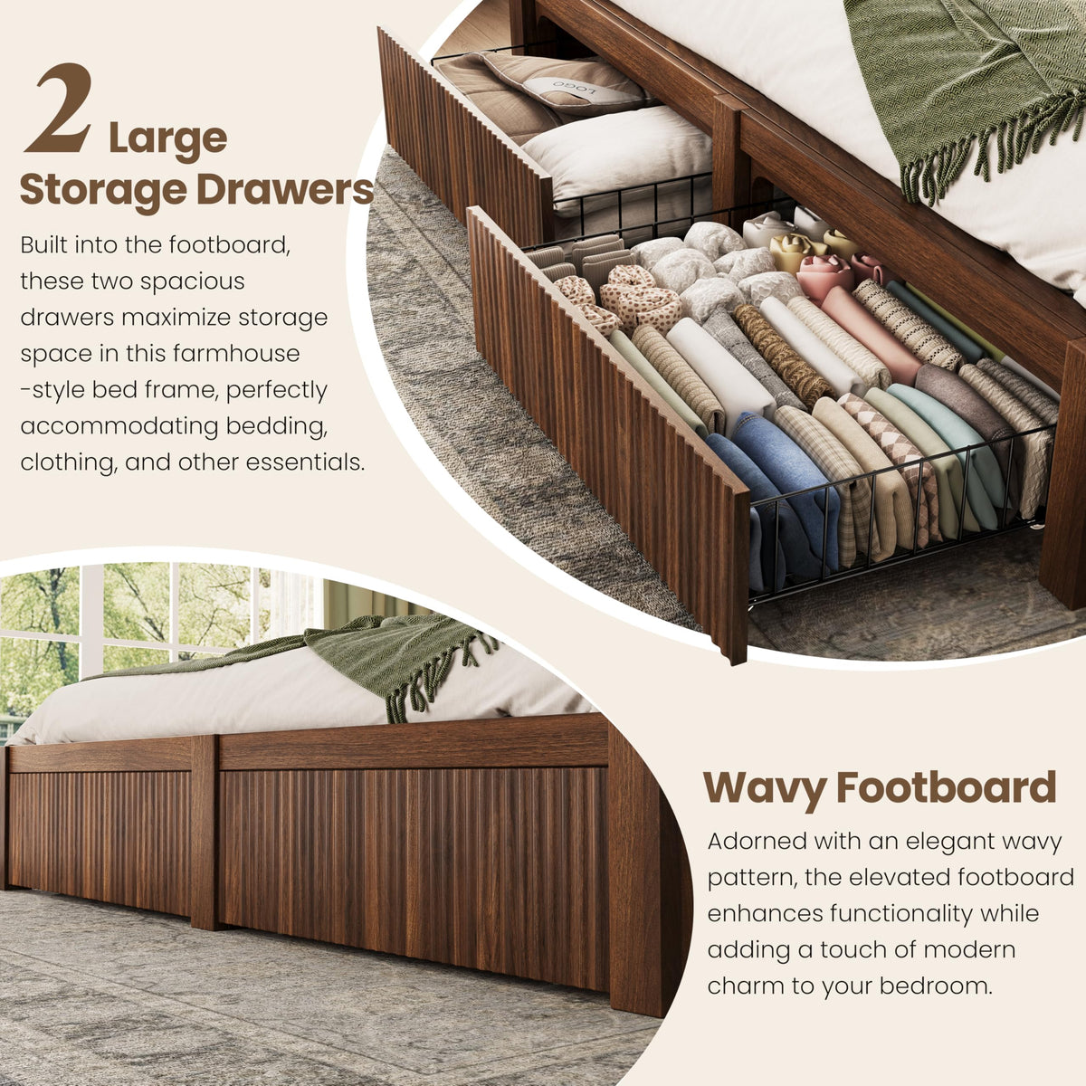 King Size Bed Frame and Headboard & 2 Storage Drawers, Walnut