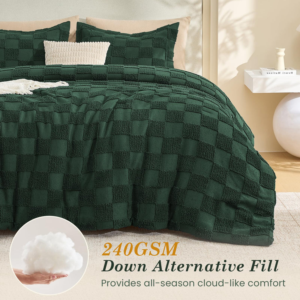 Comforter Set, 3 PC Boho Tufted Bed, Checkered Bedding, Green