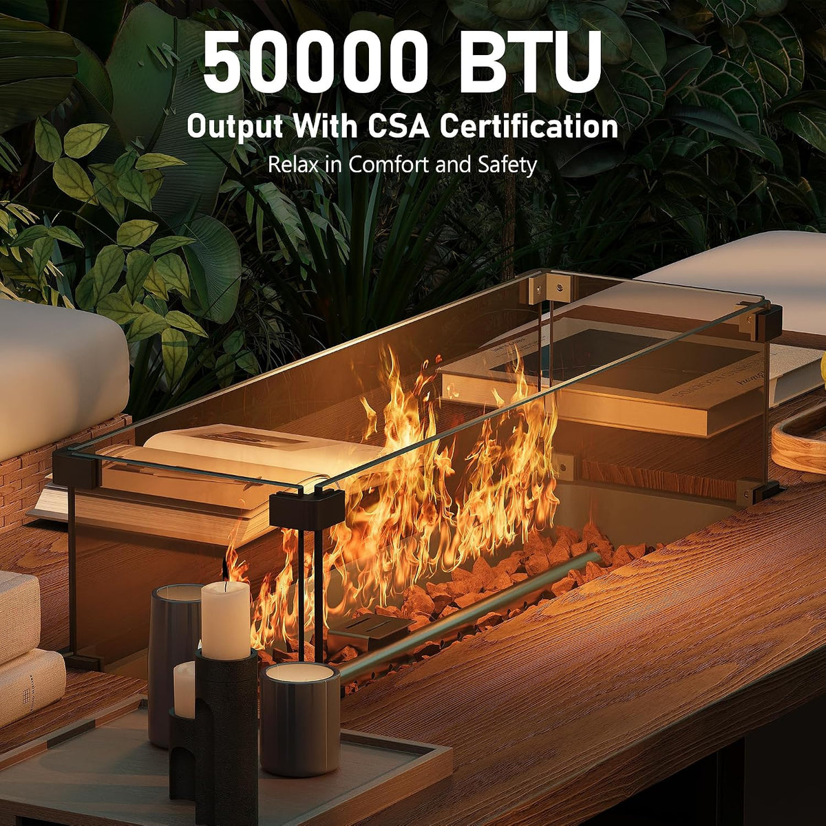 55" Propane Fire Pit Table,50000btu Gas Fire Pit Table with Brown Windshield & Lava Rock,2 in 1 Foldable Expansion