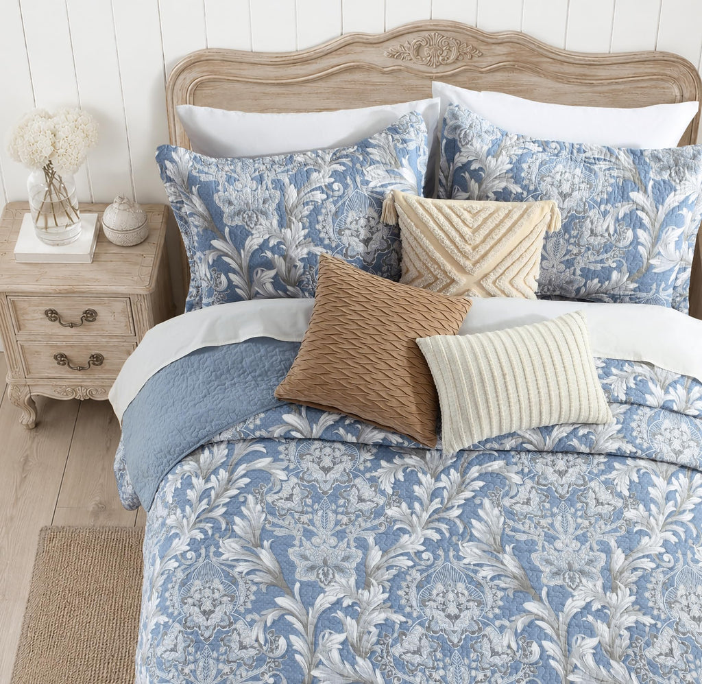 100% Cotton Blue Quilt Set, Damask Bedspread, Dusty Blue