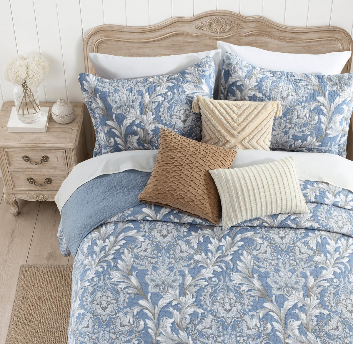 100% Cotton Blue Quilt Set, Damask Bedspread, Dusty Blue