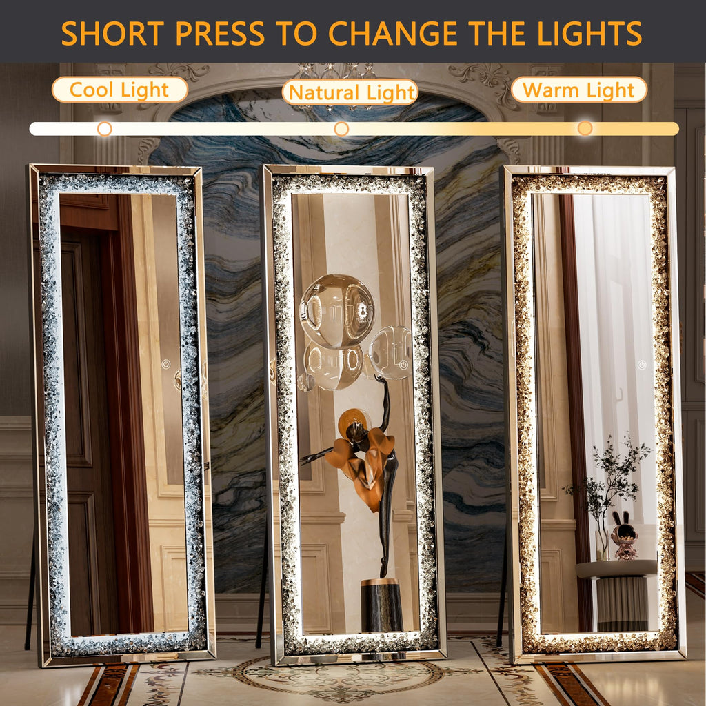 65"×22" LED Full-Length Mirror Crystal Crush Diamond, Wall Mounted Diamond Mirror Leaning Bedroom Dimming & 3 Color