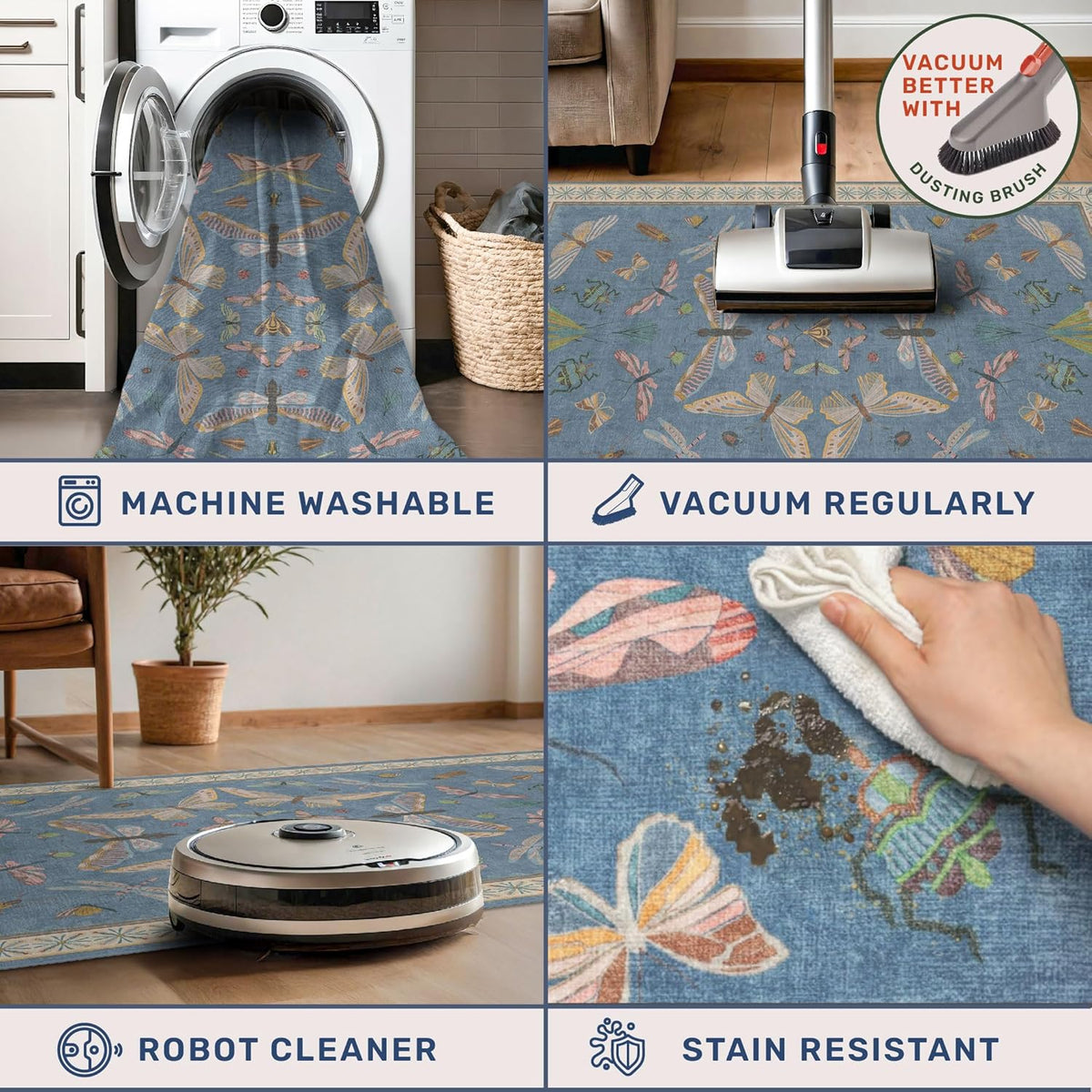 Blue Washable Kids Playroom Rug - Area Rugs Baby Boy, Bedroom, Living Room, Toddler Boy Room Decor, Cute Animals