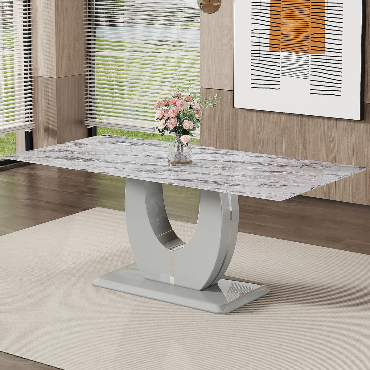 Inspired Saarinen Style 71-Inch Gray Faux Marble Dining Table with Pedestal Base