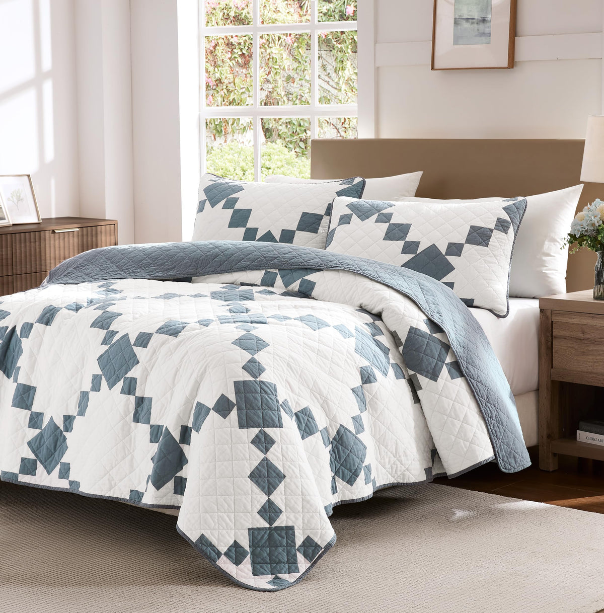 100% Cotton Quilt California, Oversized Lightweight Reversible Gingham Patchwork Bedding Set with 2