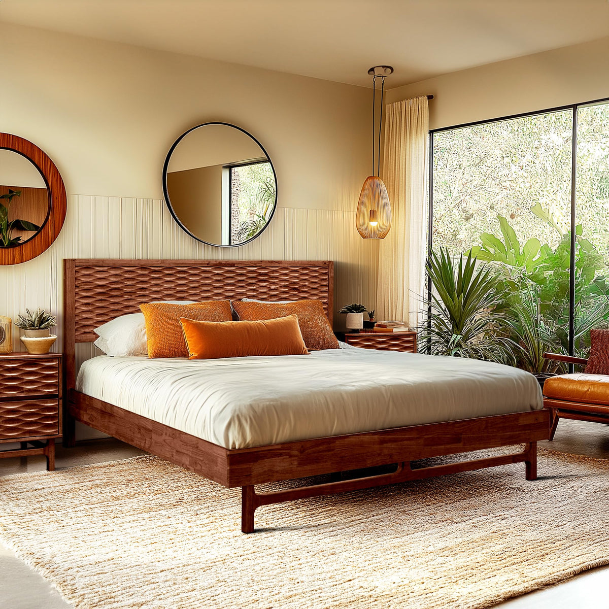 Acacia Elara Wood Bed Frame with CNC-Carved Headboard, Queen Size, Walnut