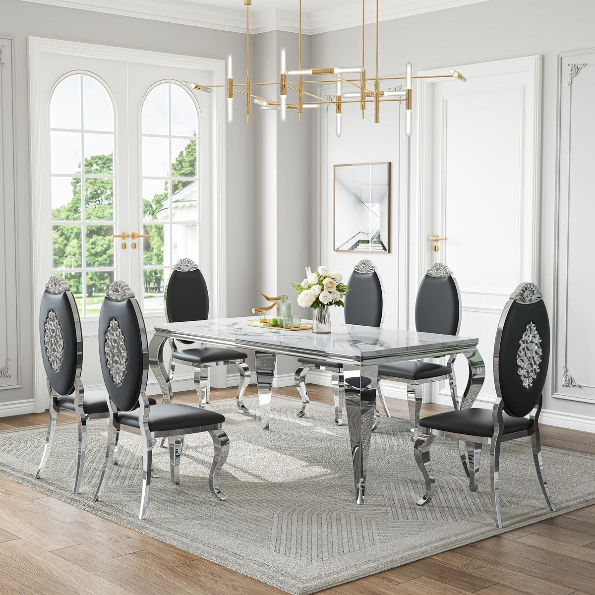 Modern Marble Dining Table Set of 7, 70" Faux Marble Kitchen Table with 6 Leather Upholstered Chairs, White Marble