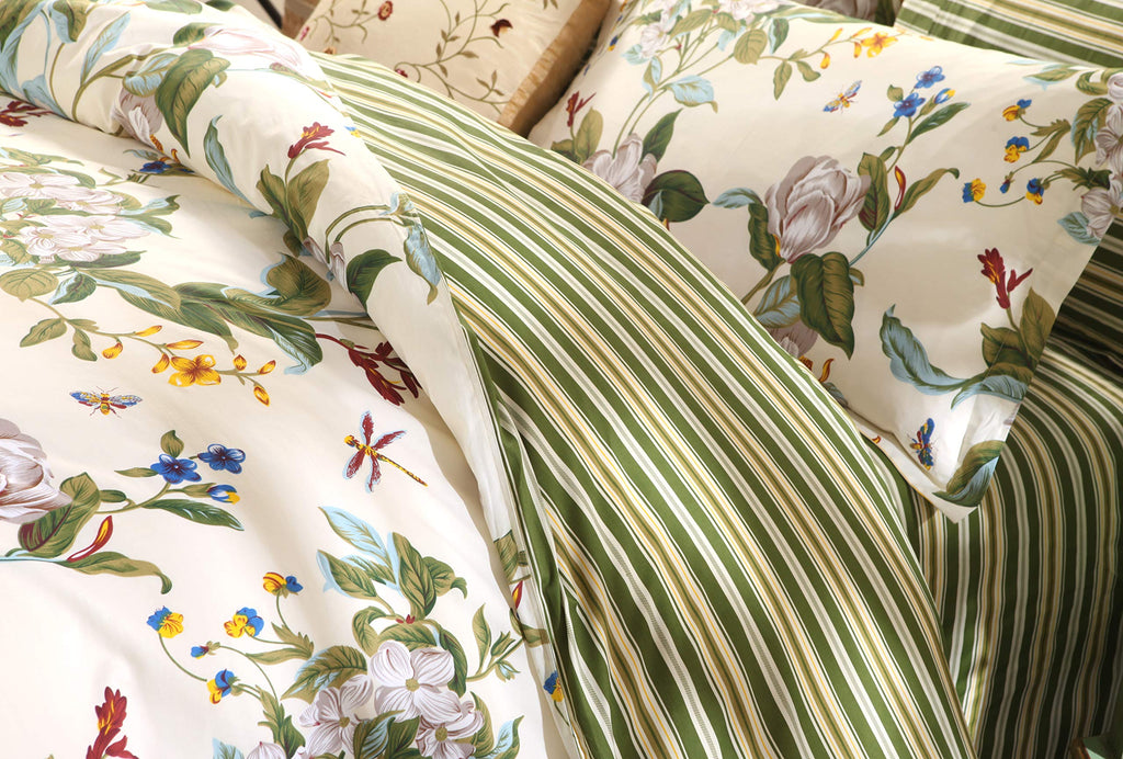 Floral Duvet Cover Set 100% Cotton Green and Beige Striped Shabby Flower Bedding Branches Botanical Printed