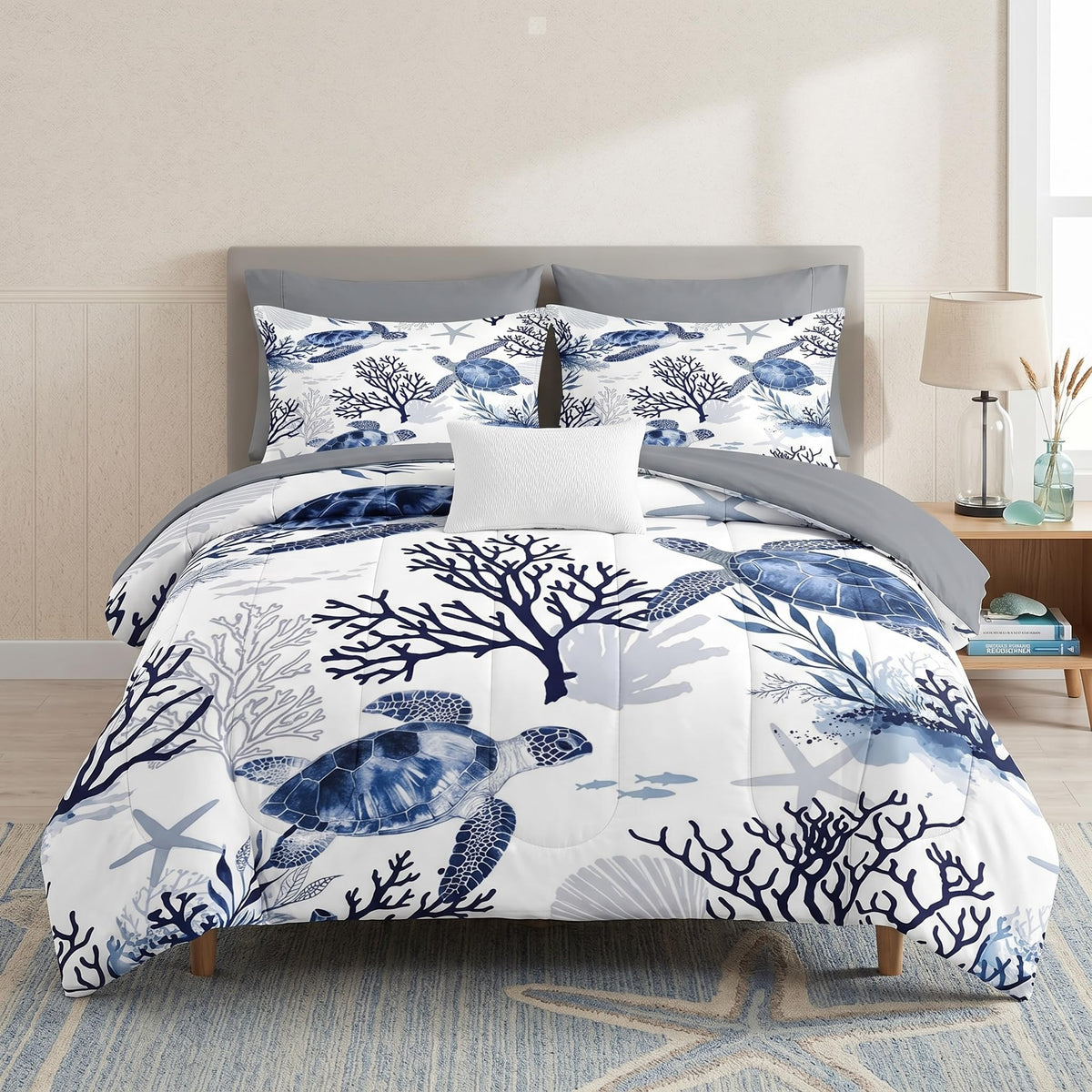 Queen Comforter Set with Sheets, 7 Pieces Turtle Sea Bedding