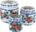 Blue Rose Polish Pottery - Cherry Red Bouquet Canister Set - 3 Canisters - Hand-Painted Polish Pottery - Set of 3
