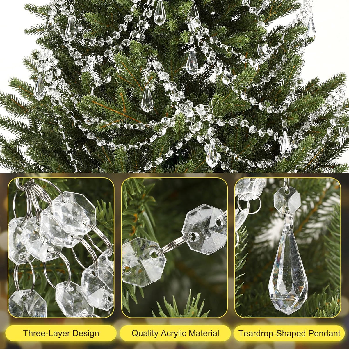 12 Pcs 3-Layer Crystal Garland for Christmas Tree 20in 16in 12in 3-Layer Acrylic Bead Garland Hanging Christmas
