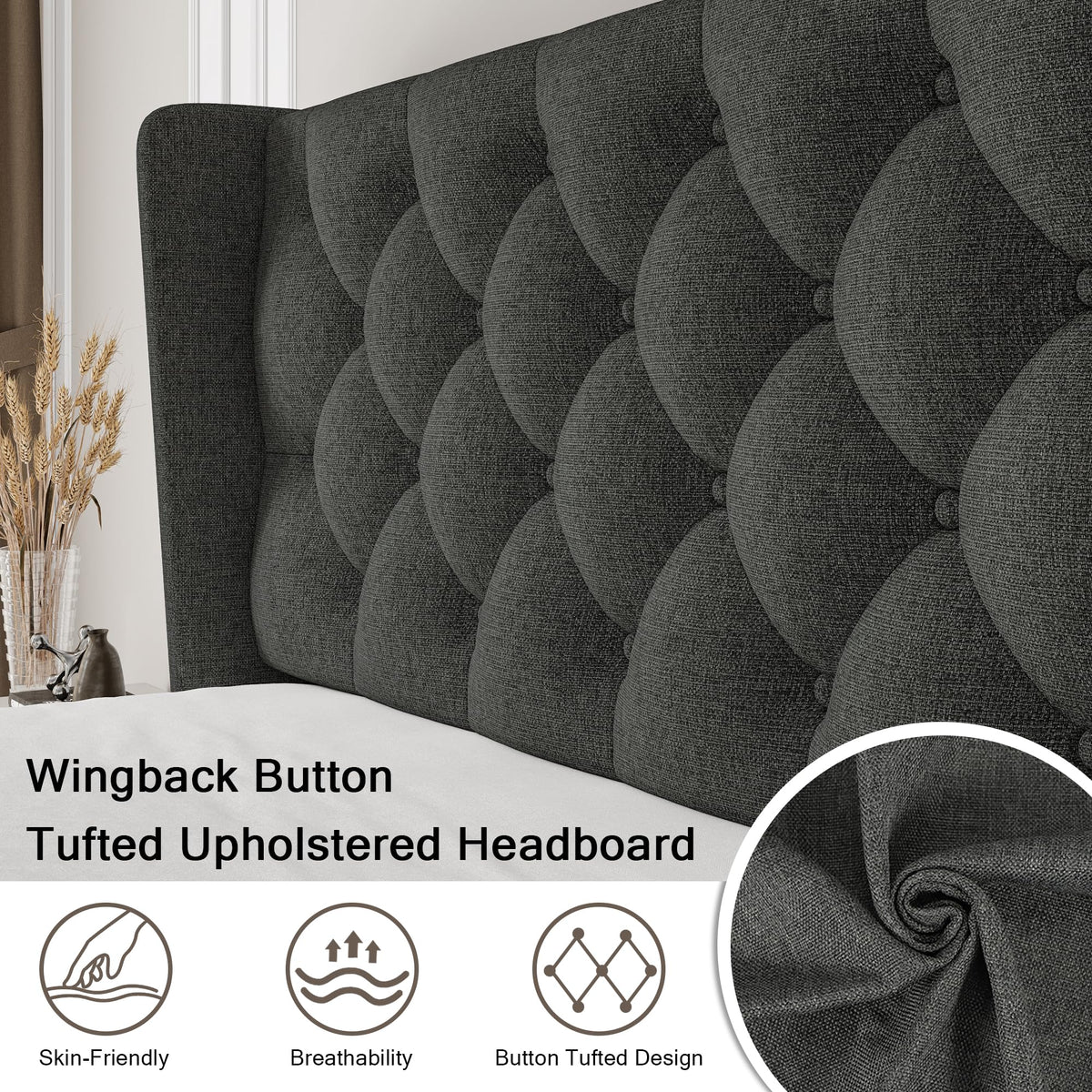 King Size Platform Bed Frame with Upholstered Wingback Headboard, 12" Under Bed Space, Wooden & Metal Slats Support