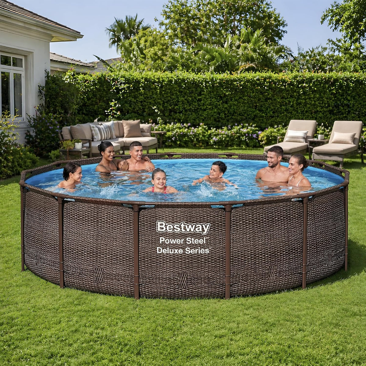 Power Steel 14' x 42" Above Ground Pool, Round Metal Frame Outdoor Swimming Pool Set with Filter Pump, Ladder, and