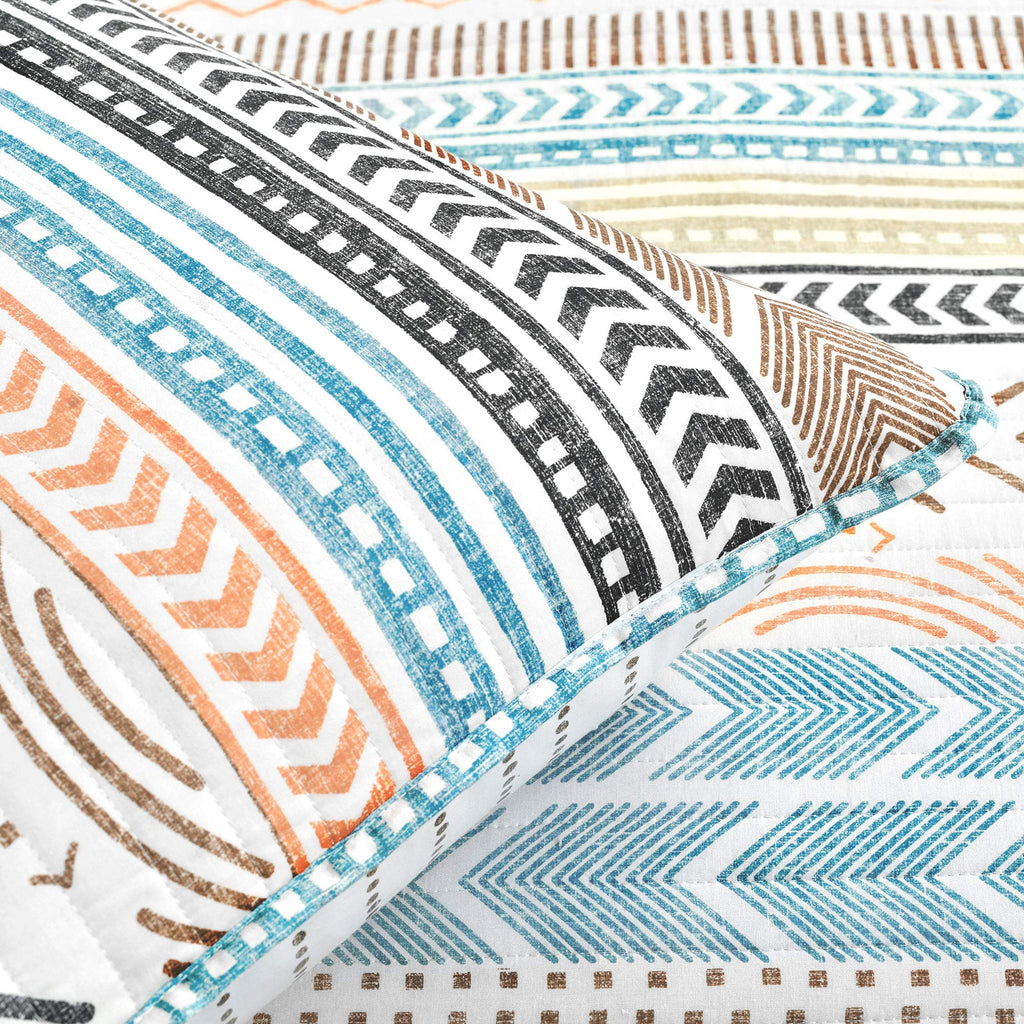 Hygge Geo Cotton Reversible Quilt, 3 Piece Set, Full/Queen, Neutral/Multi - Geometric Striped Bedding - Queen Size