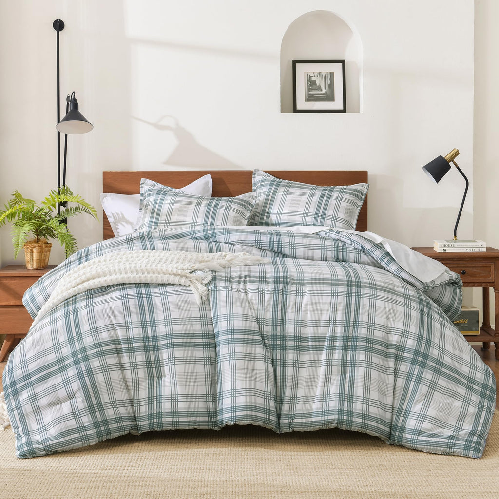 Blue Plaid Comforter Set, Gingham Checkered Grid Bedding Set
