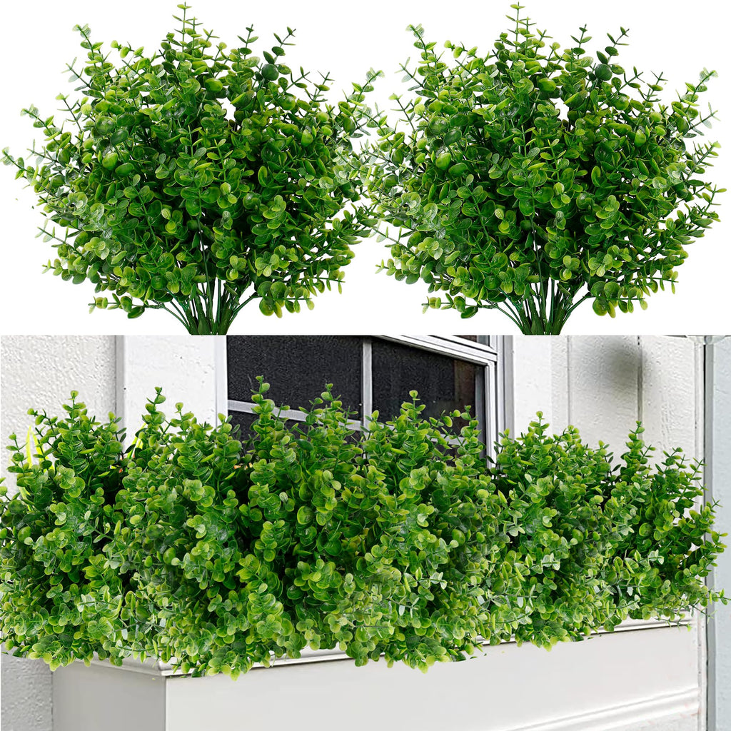 Artificial Flowers for Outdoors 12 Bundles UV Resistant Boxwood Shrubs Artificial Eucalyptus Fake Plants Faux Plastic