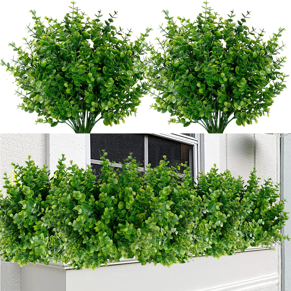 Artificial Flowers for Outdoors 12 Bundles UV Resistant Boxwood Shrubs Artificial Eucalyptus Fake Plants Faux Plastic
