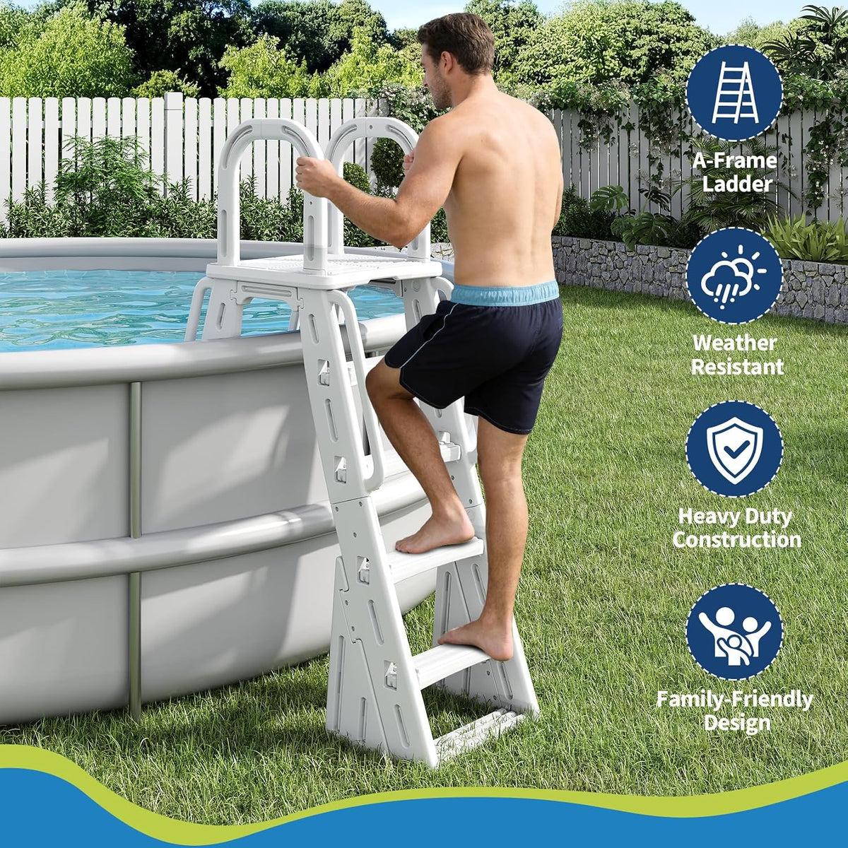 A-Frame Above Ground Pool Ladder with Anti-Slip Steps, HDPE Material | Heavy Duty Swimming Pool Steps with Safety