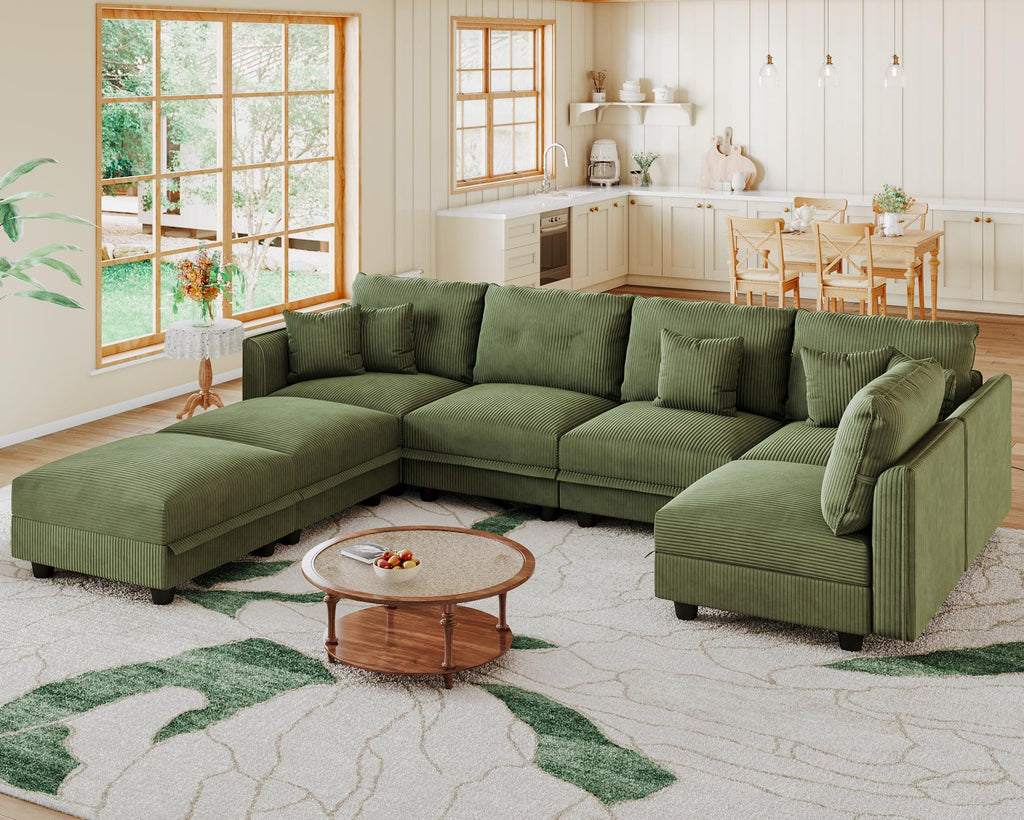 Sectional Sofa Modular Cloud Couch with 7 Storage Seats & 5 Throw Pillows, Corduroy U Shaped Couches, Rearrangable
