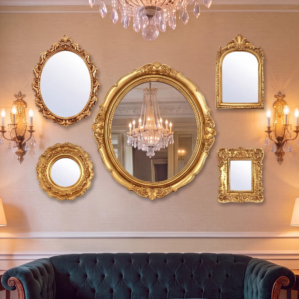 5 Pcs Vintage Gold Wall Mirror Set, 15in/7in/6in/4in, Vintage Style