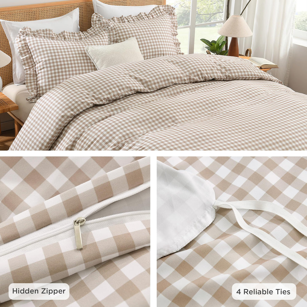 Tan Gingham Duvet Cover, Ruffle Shabby Chic Bedding Set 3 Pcs