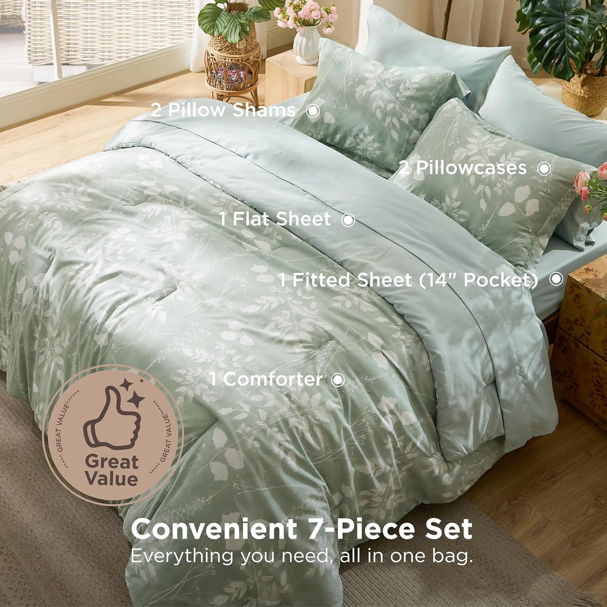 Comforter Set - 7 Pieces Floral Sage Green GentleSoft Bedding Sets
