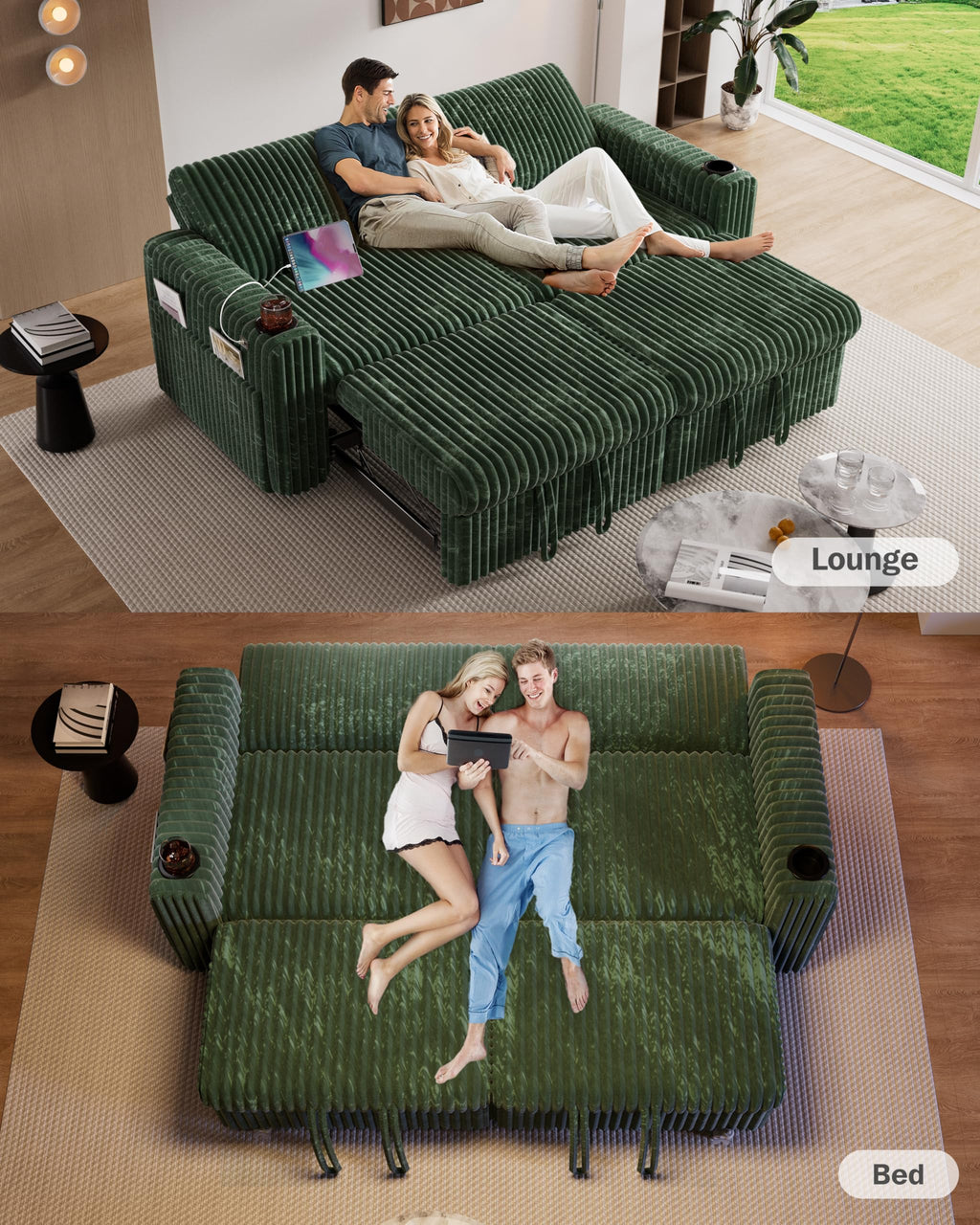 91" Plush Corduroy L Shaped Sectional Sleeper Sofa Bed with Pull Out Bed, Reclining Backrest, Reversible Storage