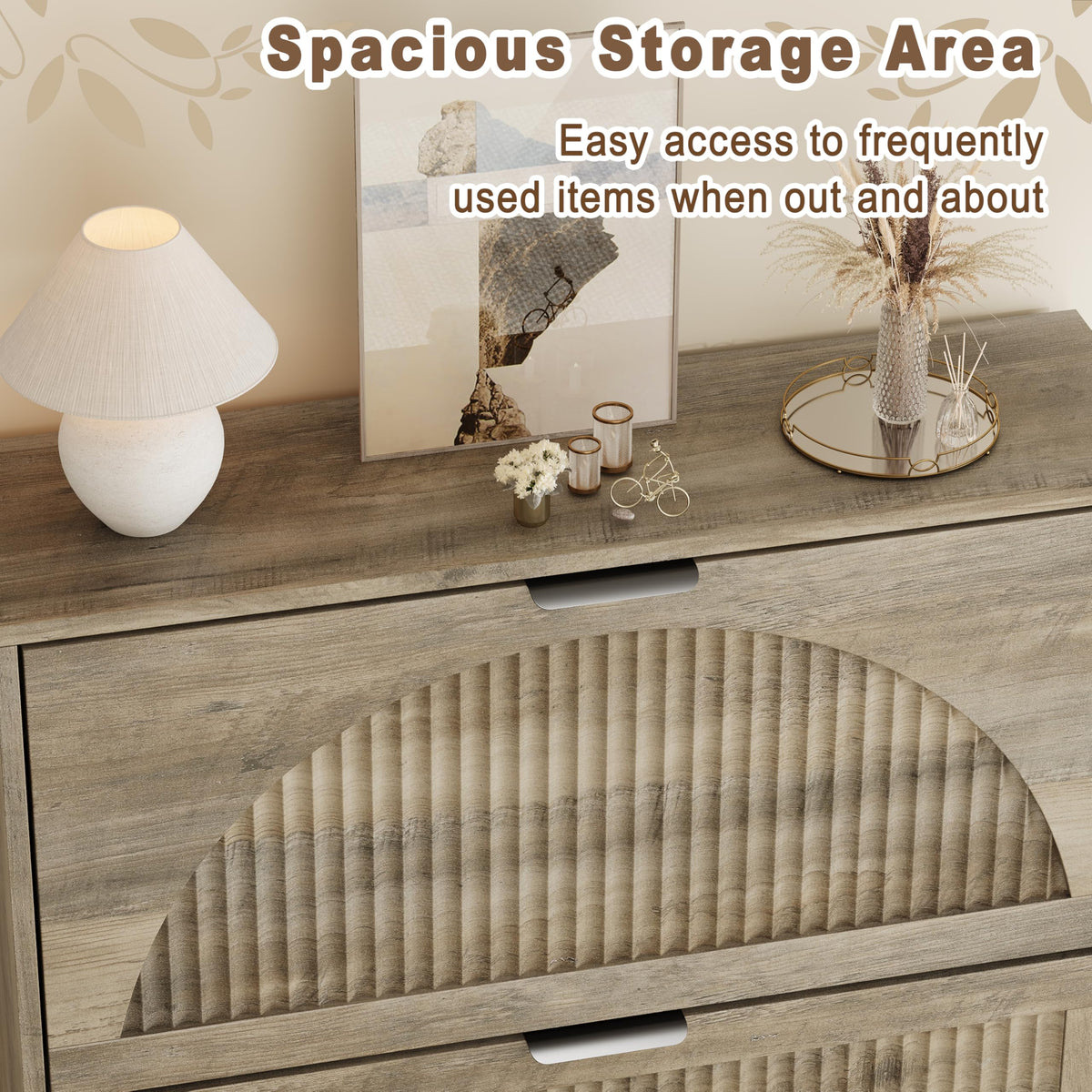 Shoe Storage Cabinet with 3 Flip Drawers, Narrow Wood Shoe Organizer Cabinet with Fluted Panel, Slim Shoe Rack