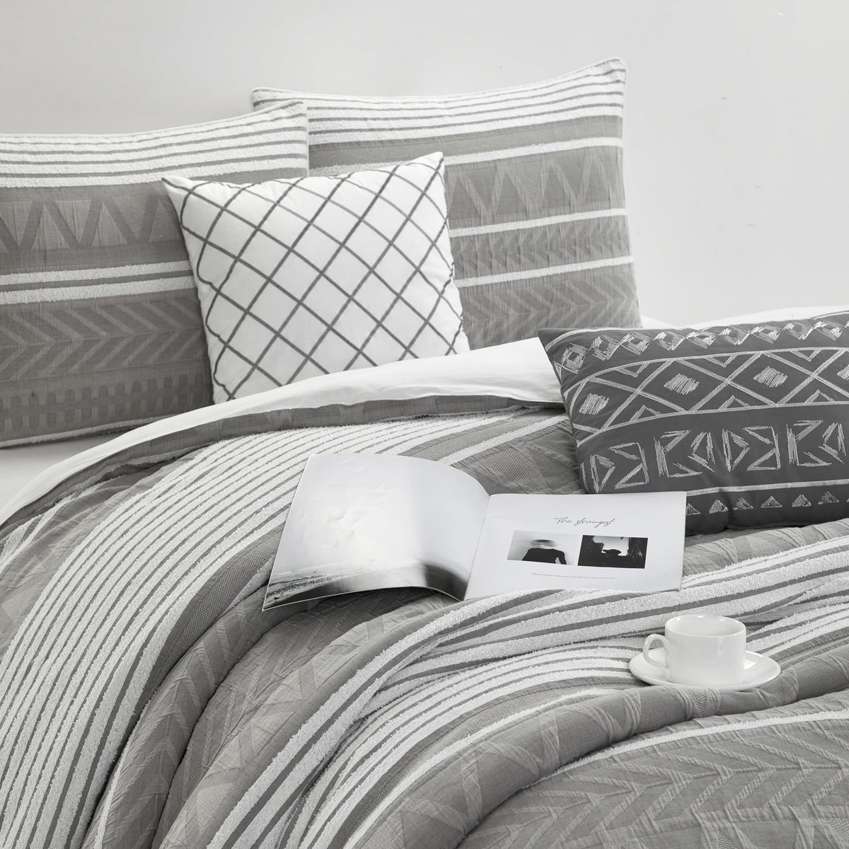 Comforter Set, 6 Piece, Color Grey, Geometric Jacquard Bedding Set, Matching Bedskirt, Pillows & Shams