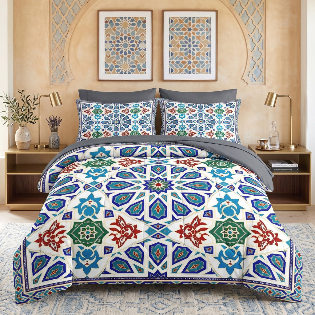 7 Pcs Queen Size Comforter Set, Moroccan Mandala Bedding