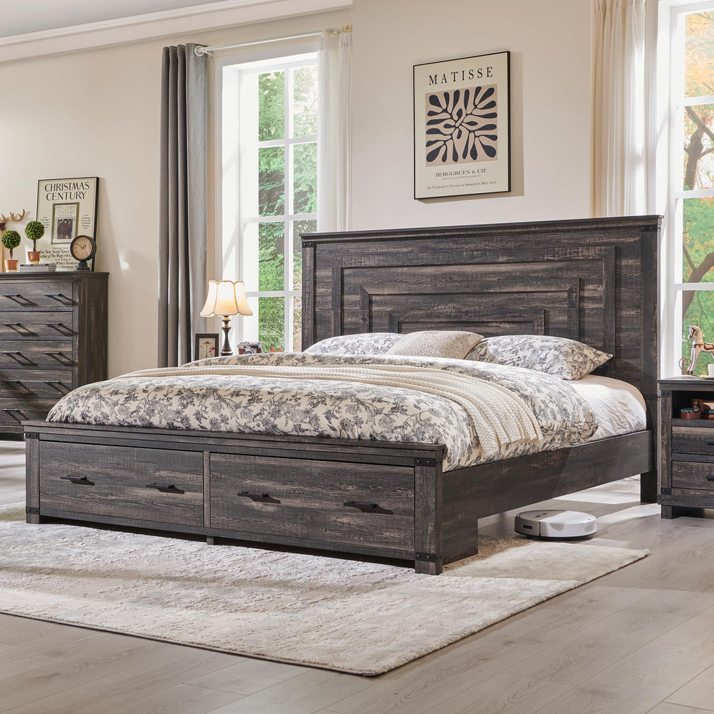 54" Tall Farmhouse Wood Bed Frame with Headboard, Dark Rustic Oak