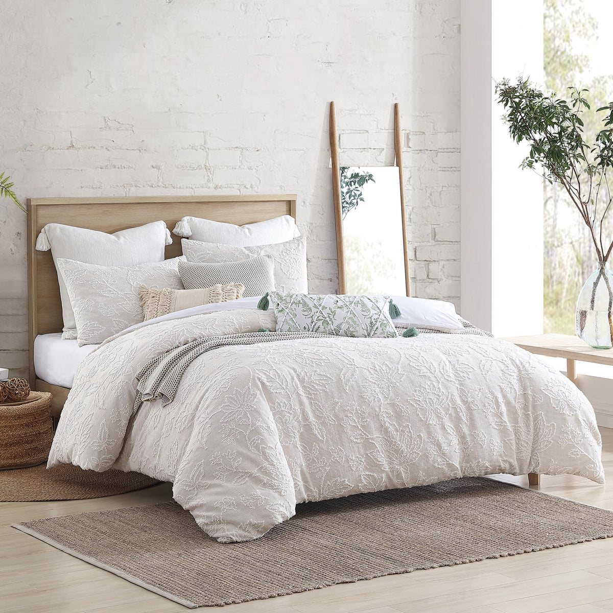 Folky Floral Jacquard Duvet Cover Sham Set Beige 3-Pc