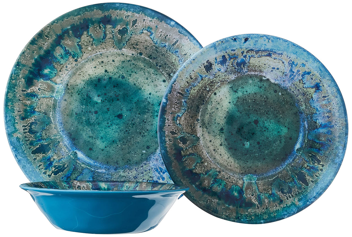 Radiance Teal 12pc Melamine Dinnerware Set - Service for 4 Plates and Bowls Set, Outdoor Dinnerware, Coastal Dishes