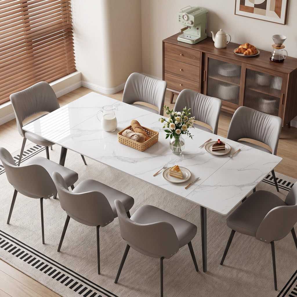 Modern Extendable White Stone Dining Table for 8-10 People, 62.9"-94.4" Rectangular Kitchen Table with Black Metal