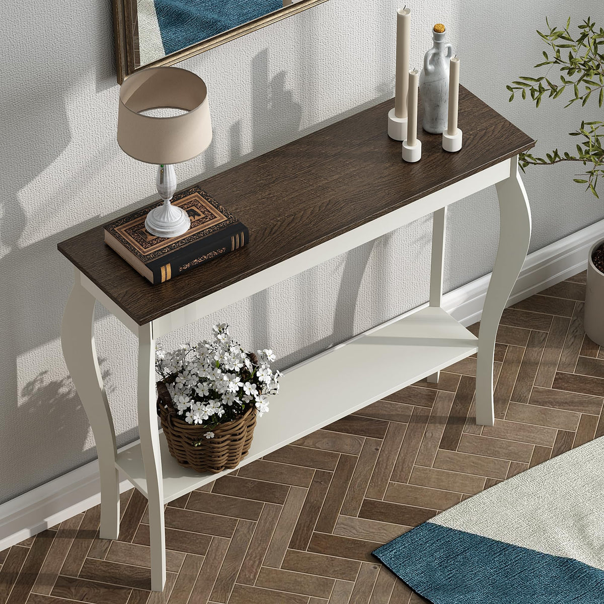 39" Narrow Farmhouse Entryway Table with Storage Shelf, Soft White